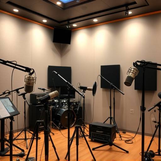Interior do estüdio de gravaäão com equipamentos e microfones